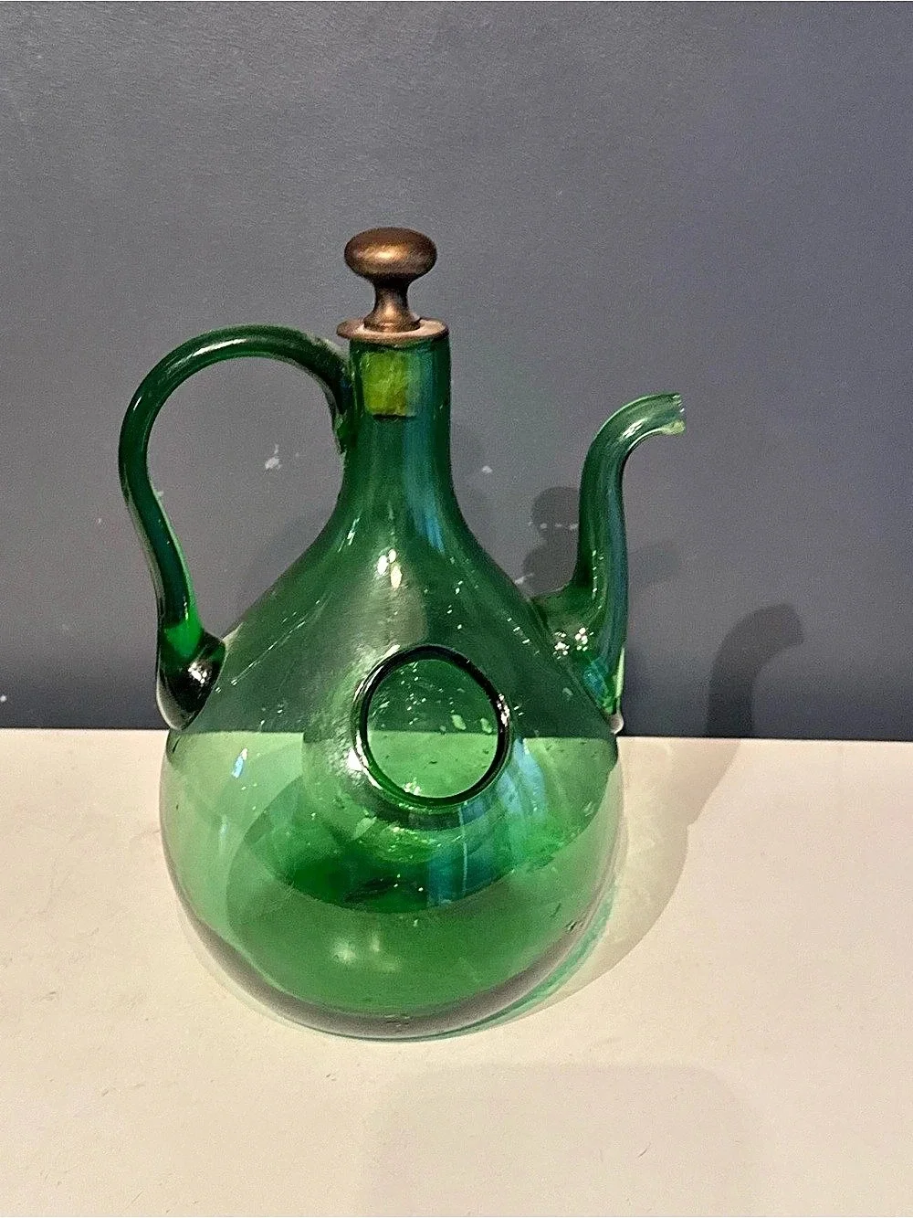 Glass Decanter Green Vintage Italian Hand Blown Mid Century Bar Decor